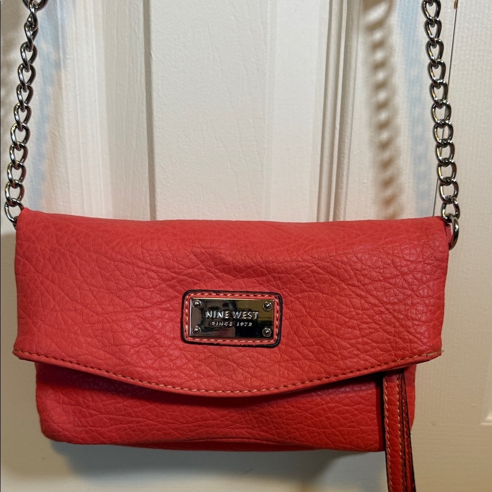 Nine West Coral-Red Pebbled Leather Crossbody